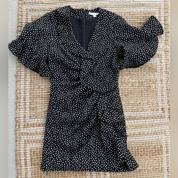 Jonathan Simkhai Dresses & Skirts - Jonathan Simkhai Black White Dot Twist Front Mini Dress 6 Lined Flutter Sleeve